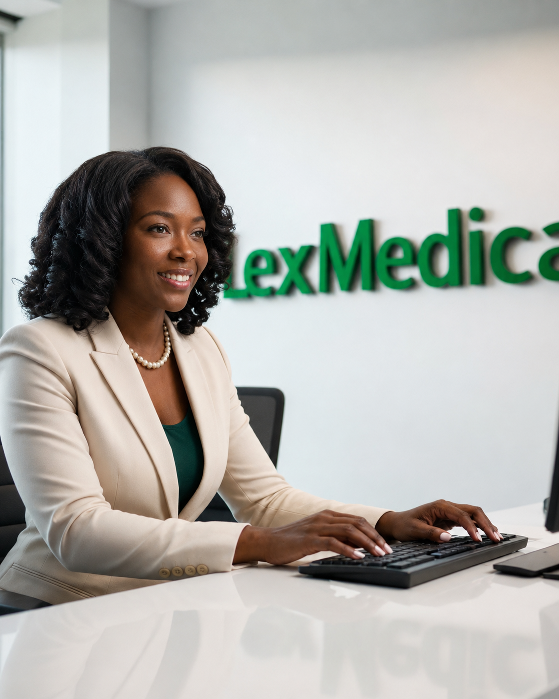 Smiling woman in beige blazer and pearls typing on keyboard at LexMedical office.