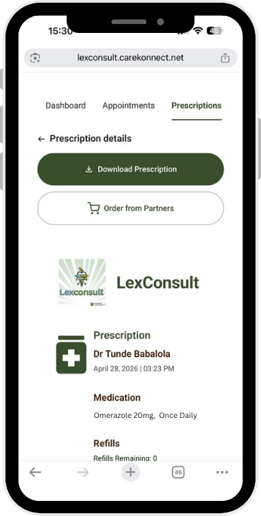 Mobile screen showing LexConsult prescription details and where to place online prescription orders