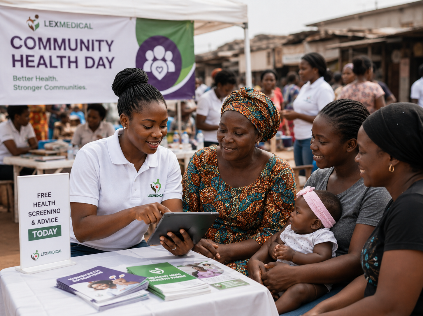 Woman in white Lexmedical polo showing a tablet to a man in brown traditional attire outdoors.