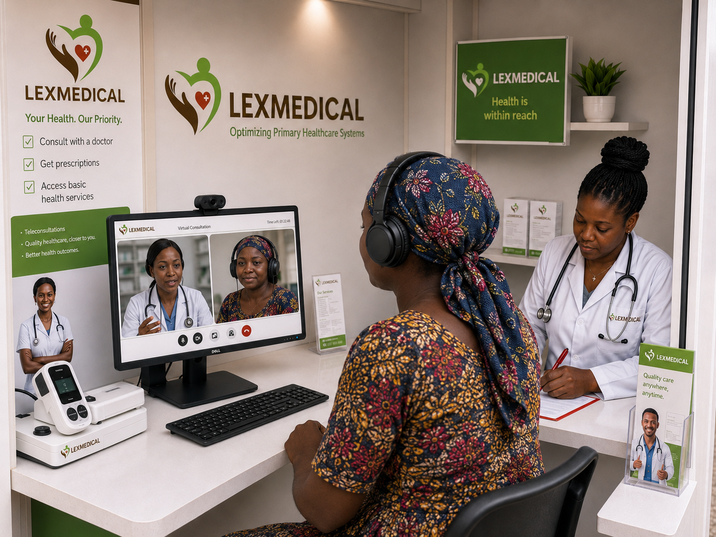 Woman in white Lexmedical polo showing a tablet to a man in brown traditional attire outdoors.