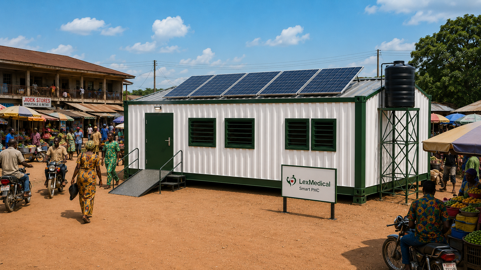Small white portable medical clinic with green trim, solar panels, ramp, and black water tank outside.