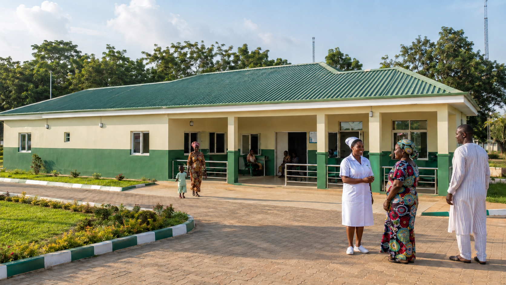 Woman in white Lexmedical polo showing a tablet to a man in brown traditional attire outdoors.