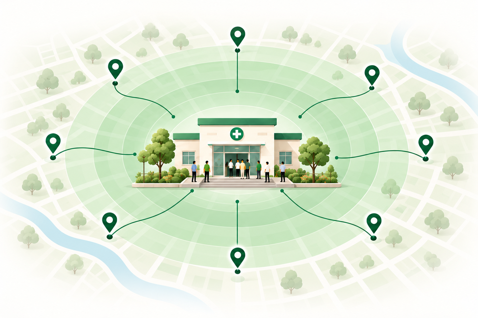 Illustration of a clinic building with a medical cross symbol at the center, surrounded by people forming a line at the entrance, with location markers connected by lines radiating outward on a map background representing wider community coverage.