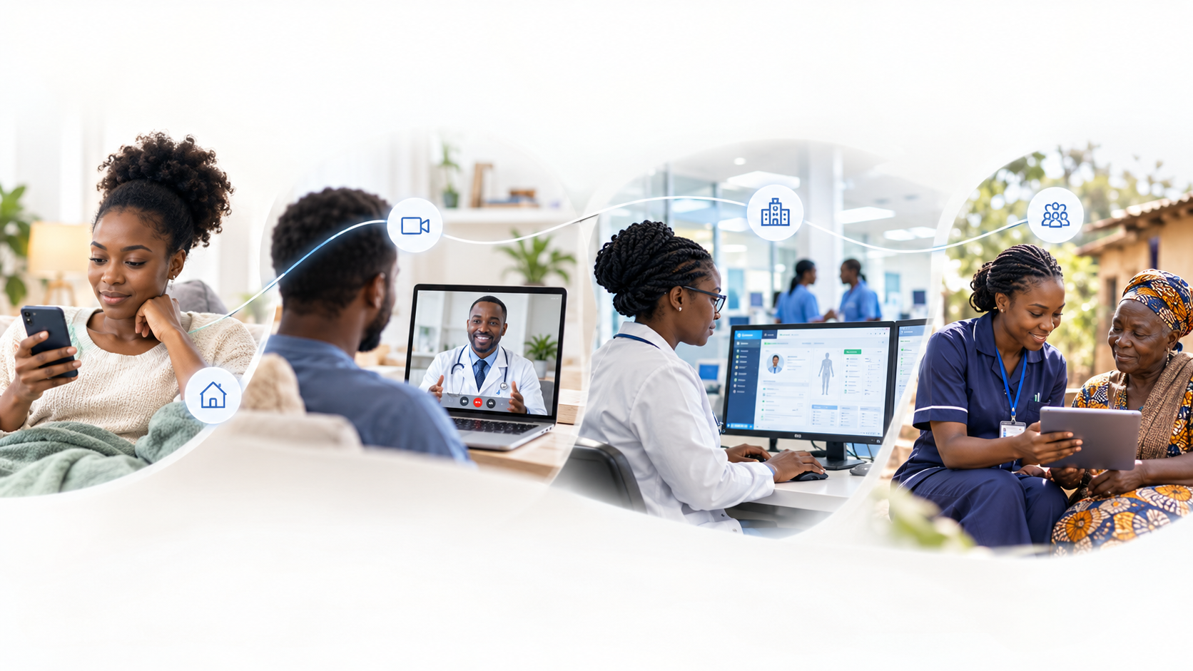 Laptop showing doctor dashboard and three phones displaying Lexmedical ecosystem of AI guided symptom checks, Virtual Consultation, Prescription Ordering, White labeling capabilities for Doctors, Specialists, Hospitals, Clinics, Telemedicine providers to run a digital clinic under their own brand