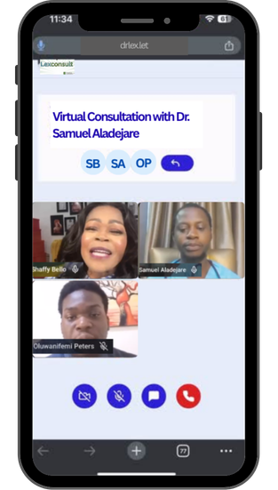 Smartphone screen showing a video consultation in progress between a doctor and a patient with a timer counting down.