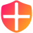 Orange shield icon with a black cross in the center representing security and protection.