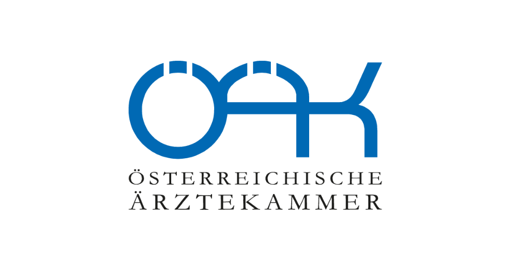 Logo der Österreichischen Ärztekammer mit blauen Buchstaben ÖÄK und Text darunter.