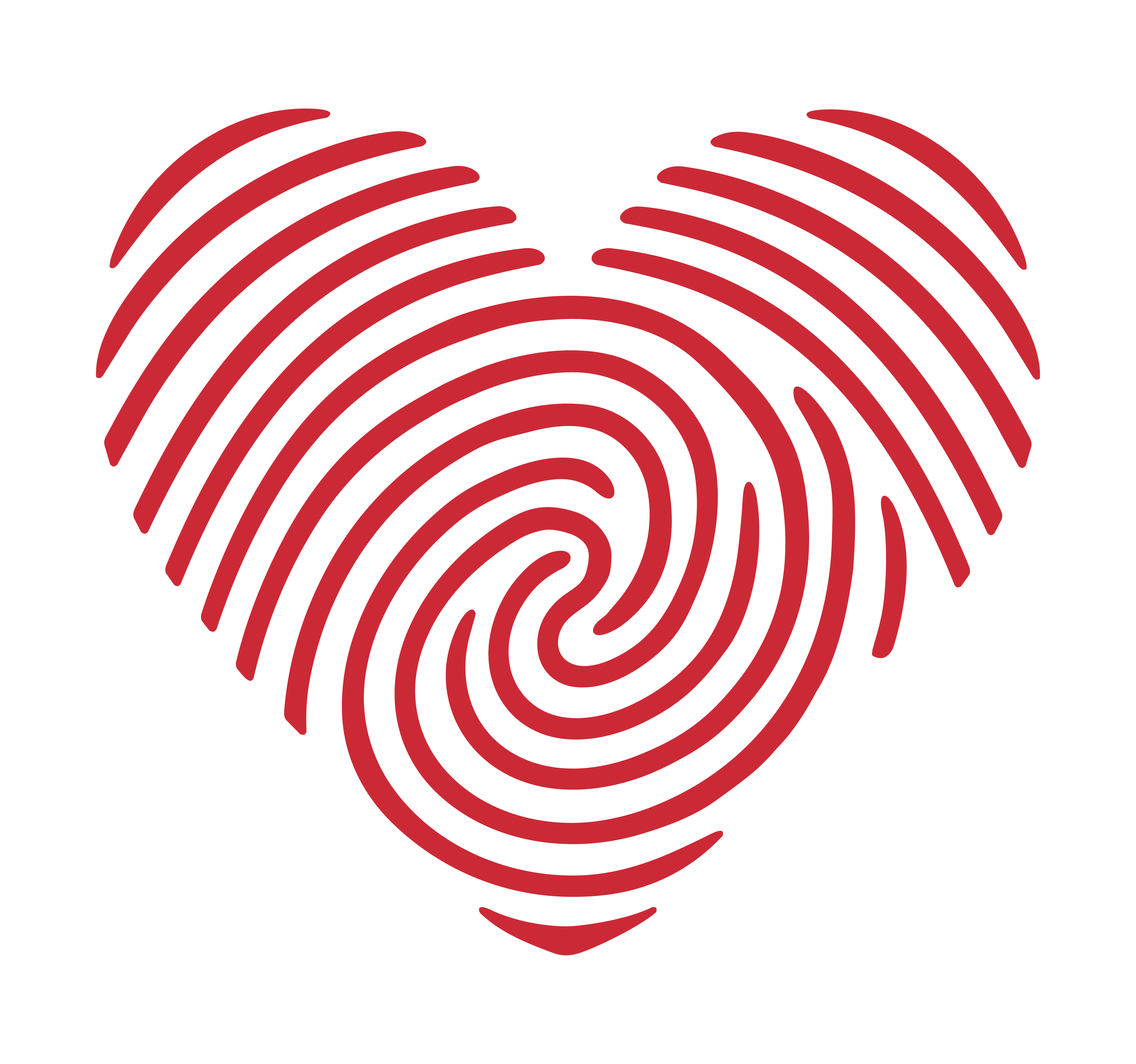 Rotes Herz geformt aus Fingerabdrucklinien auf schwarzem Hintergrund.