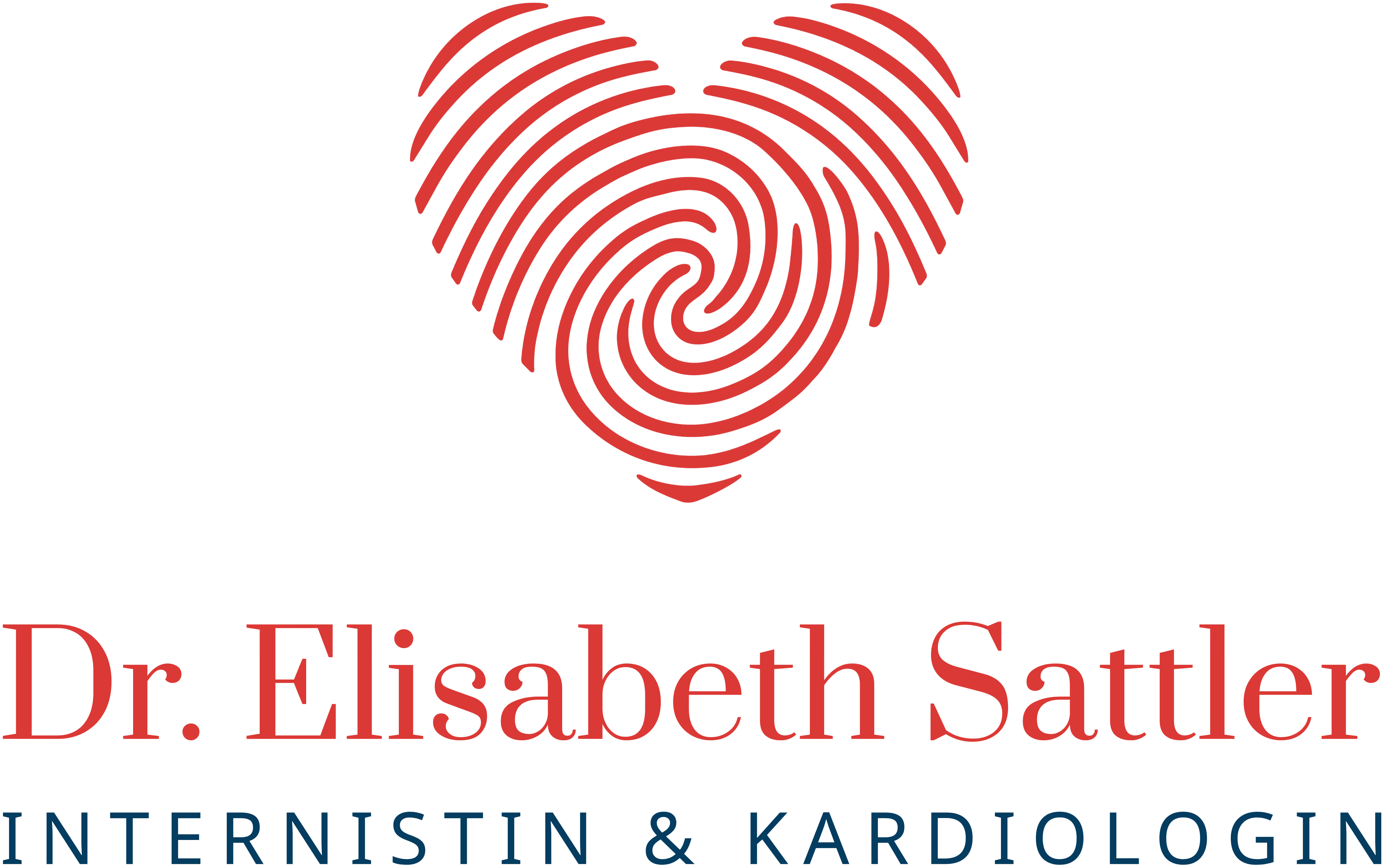 Rotes Herz aus Fingerabdrucklinien über dem Namen Dr. Elisabeth Sattler, Internistin & Kardiologin.