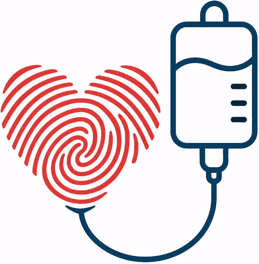 Symbol eines roten Herz-Fingerabdrucks verbunden mit einem Tropfensack für Infusion.
