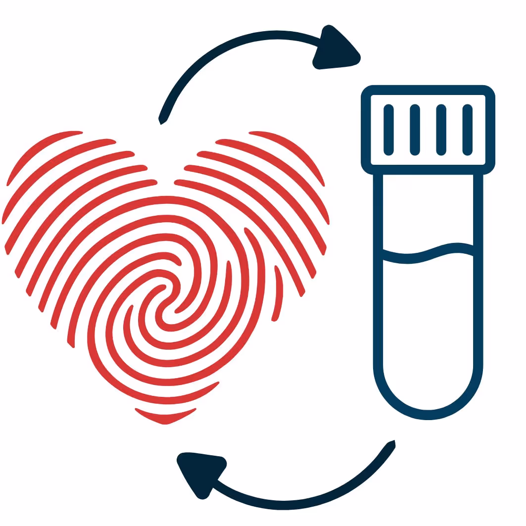 Herz mit Fingerabdrucksymbol und zwei Pfeilen, die zu einem Blutprobenröhrchen zeigen, Austausch symbolisierend.