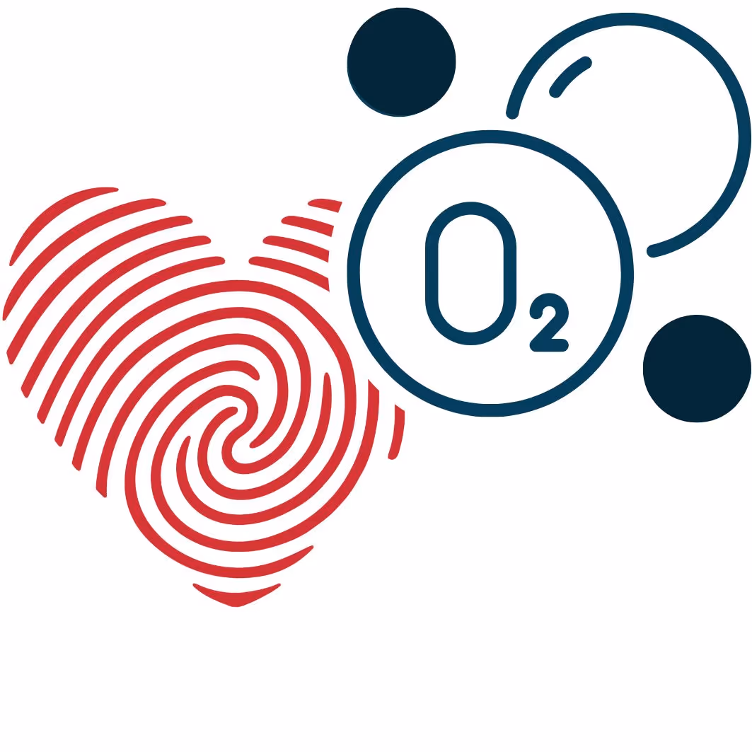 Rotes Herz mit Fingerabdruck-Muster neben Sauerstoffmolekül O2 Symbol.
