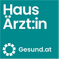 Logo mit Text Haus Ärztin und Gesund.at auf grünblauem Hintergrund.