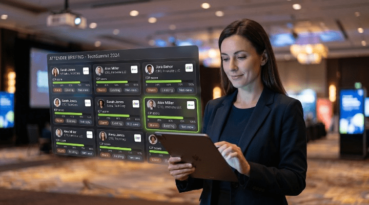 Event attendee intelligence briefing UI with ICP scores
