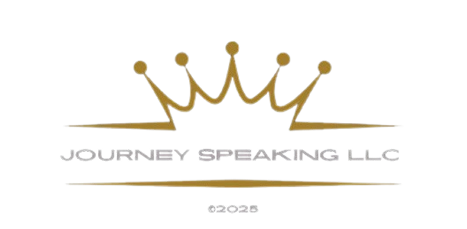 Gold crown outline above the text 'JOURNEY SPEAKING LLC' in silver letters on black background.