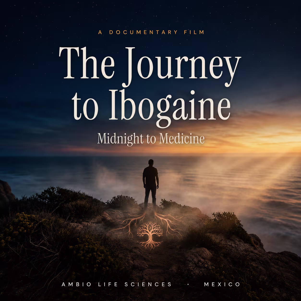 Documentary film poster showing a person on a cliff with glowing roots and a sunset over the ocean.