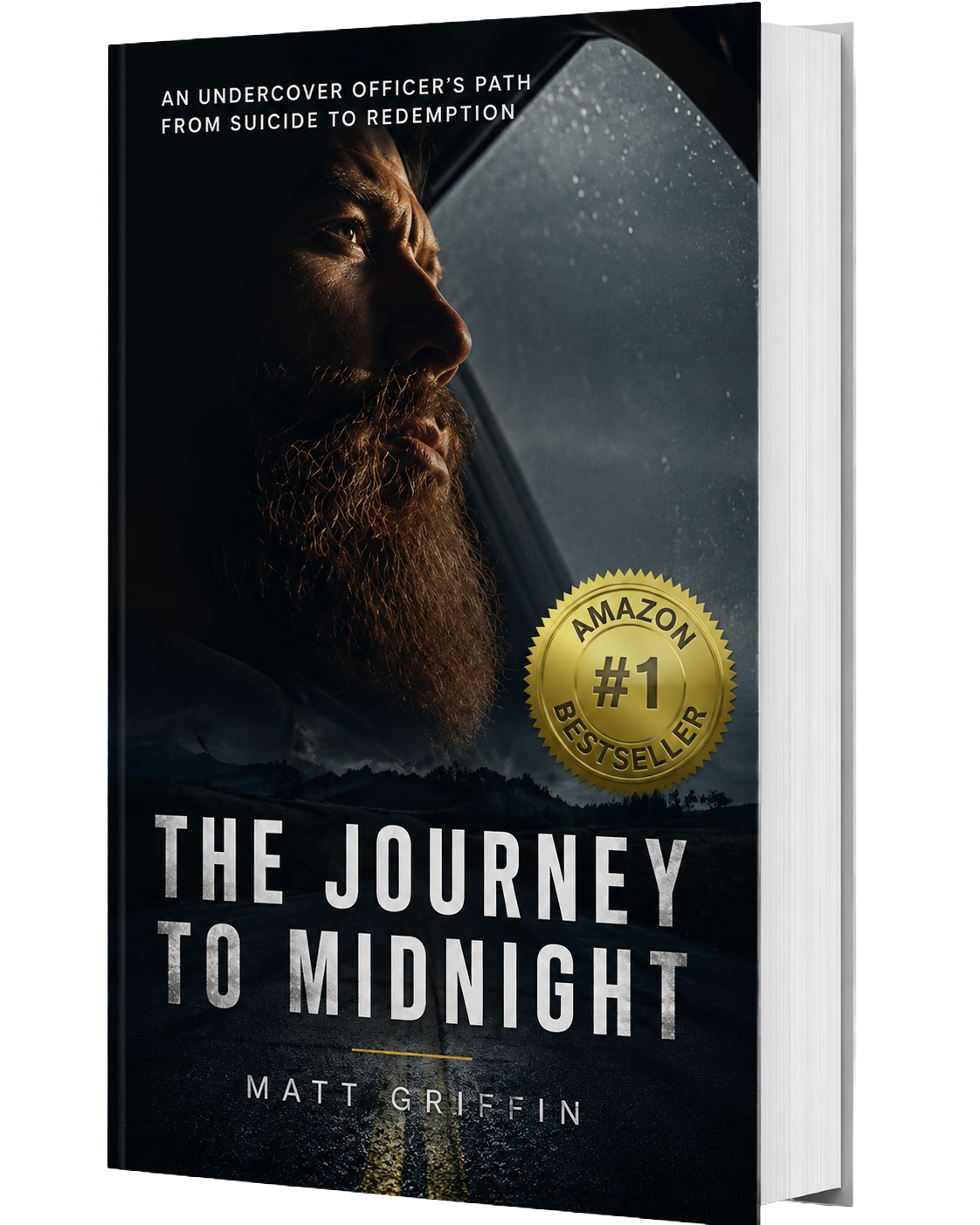 Book cover of The Journey to Midnight by Matt Griffin featuring a bearded man’s profile and a dark road.