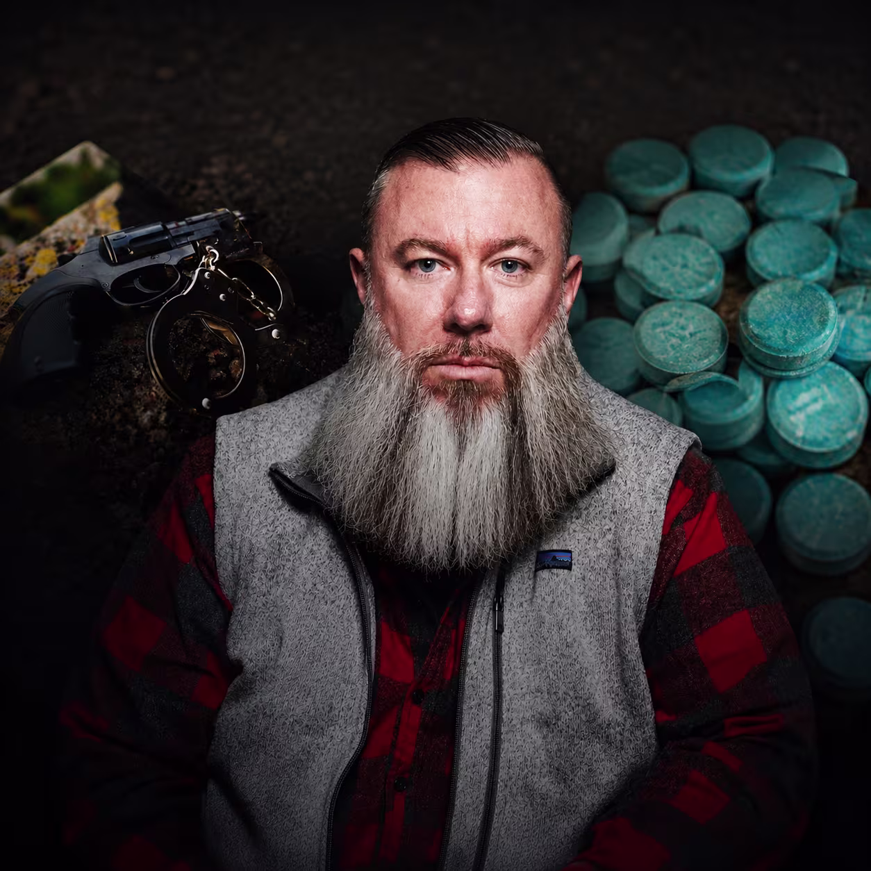 Man with a long gray beard wearing a gray vest and red plaid shirt, with gun and blue pills behind.