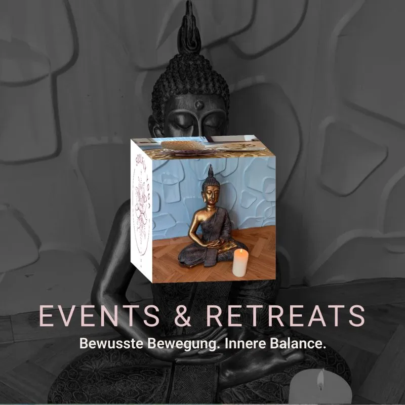 Unterseite Events & Retreats umgesetzt mit einem Cube auf dem ein Buddha zu sehen ist
