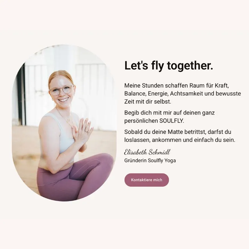 Portrait von Elisabeth Schmidl, Gründerin von Soulfly Yoga sitzend in einer Yogapose daneben mit einem Text für die Vorteile von Soulfly Yoga