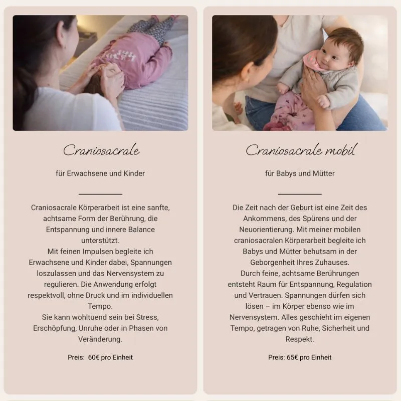 Zwei Textkarten zu Craniosacrale und Craniosacrale mobil, Angebote von Katharina Bichler
