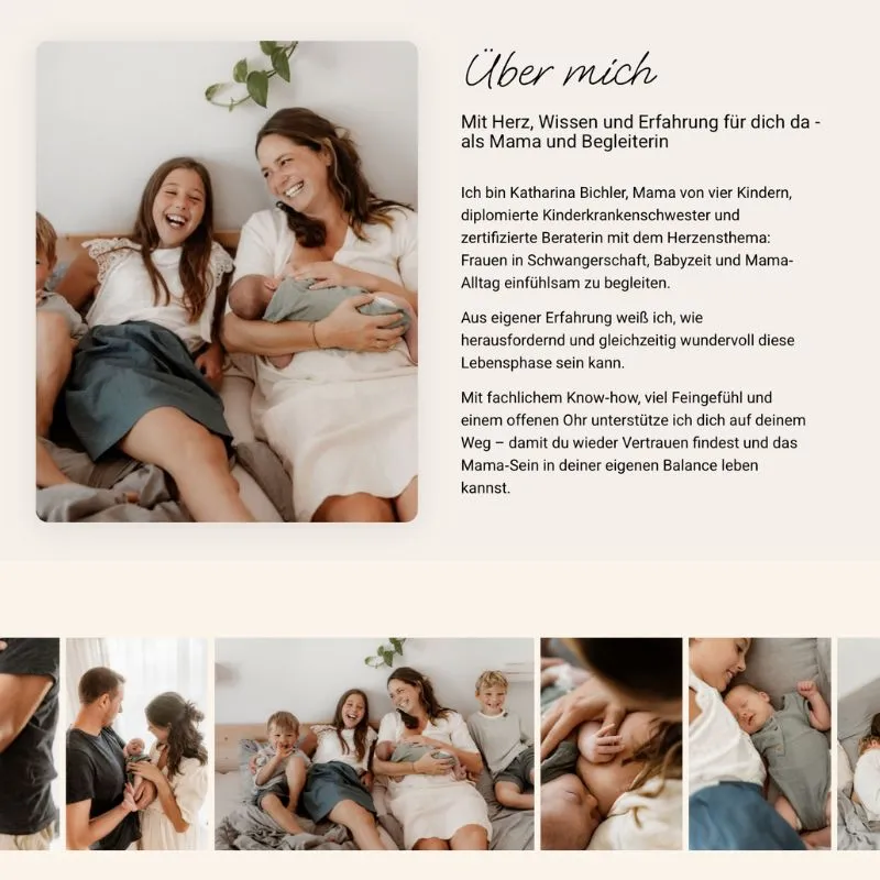 Katharina Bichler, dipl. Kinderkrankenschwester, lacht mit Kindern, Fotocollage der Über-mich-Abschnitt