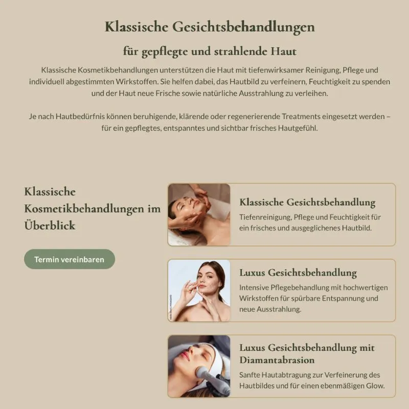 Auflistung der "Klassische Gesichtsbehandlungen" mit Behandlungsfotos und kurzen Text