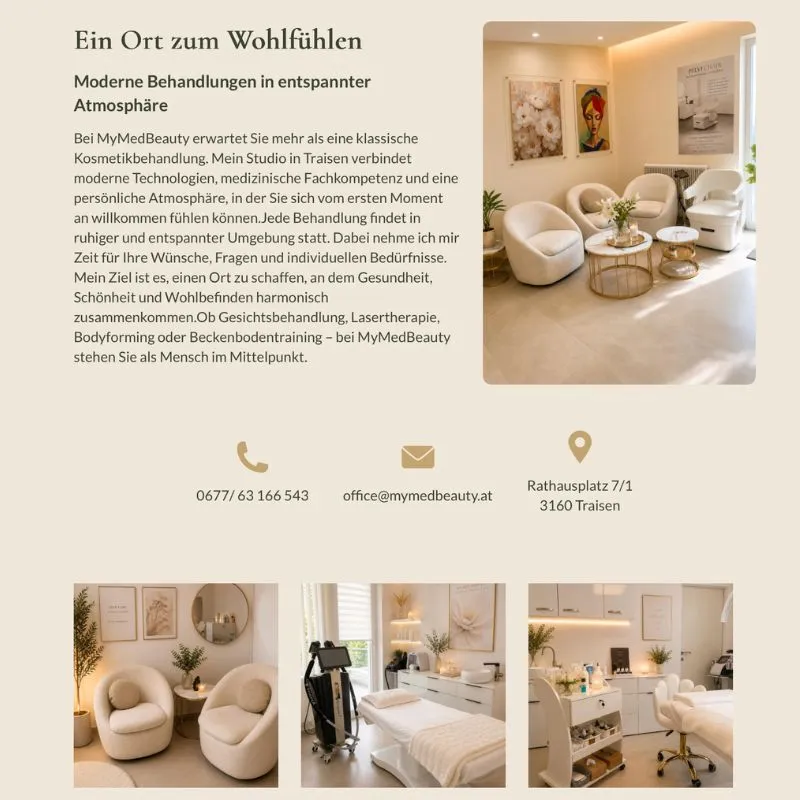 Kontakt Abschnitt bei der Website von MyMedBeauty mit Fotocollage Behandlungsräume, My Med Beauty