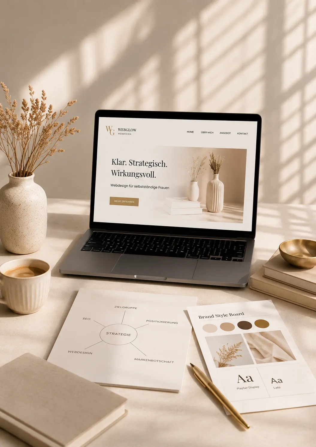 Laptop mit Website-Vorschau, Brand Style Board und Notizbuch auf hellem Schreibtisch als Symbol für die Strategiephase