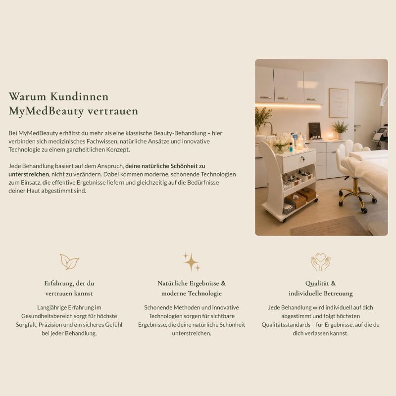 Behandlungsraum von MyMedBeauty mit Kosmetikwagen, Liege und modernem Interieur in warmen Beigetönen