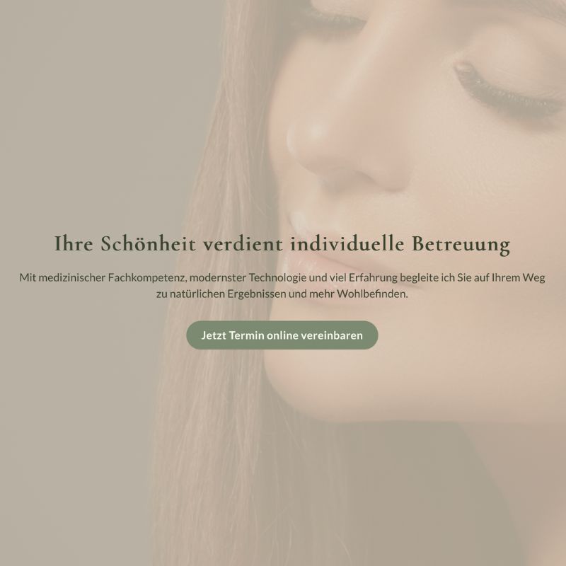 Porträt im Profil mit Slogan „Ihre Schönheit verdient individuelle Betreuung" und Terminbuchungs-Button