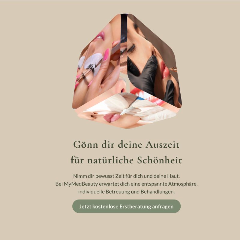 Cube-Collage mit Wimpern-, Nagel- und Lippenbehandlungen, Aufruf zur Auszeit für natürliche Schönheit
