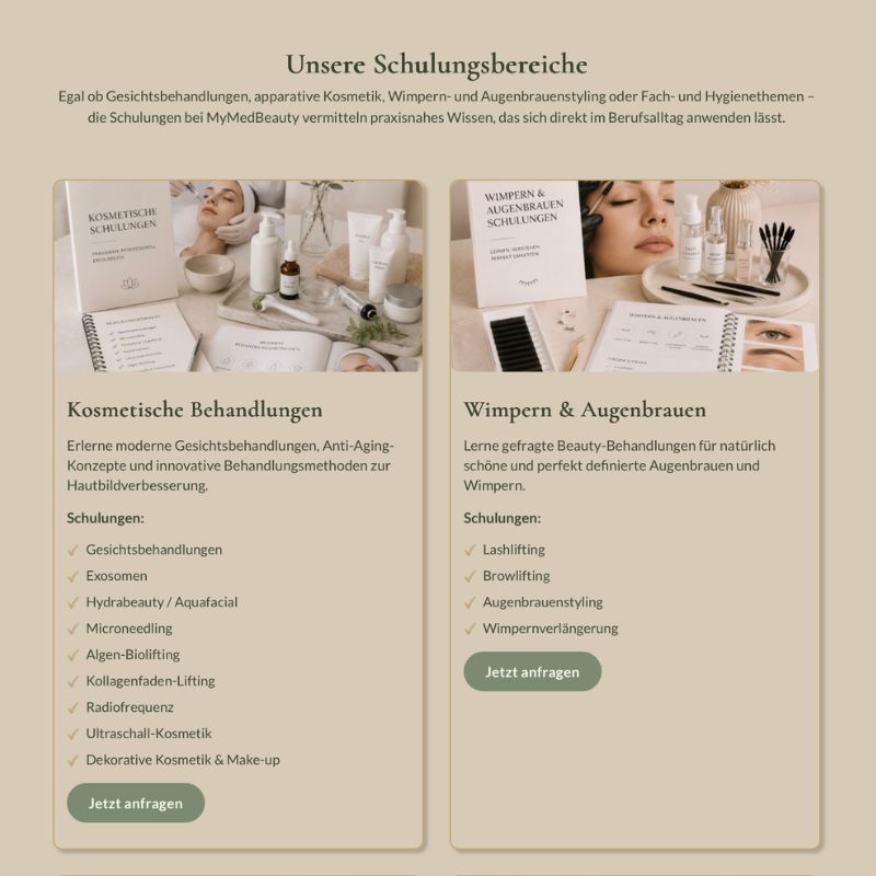 Übersicht der Schulungsbereiche Kosmetische Behandlungen sowie Wimpern & Augenbrauen bei MyMedBeauty