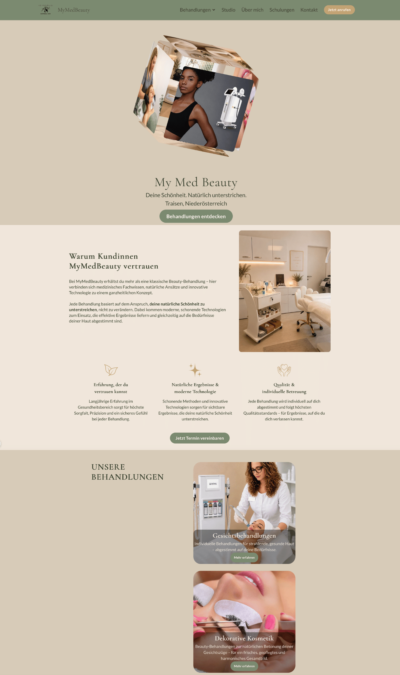 Startseite von MyMedBeauty mit Studio-Collage-Würfel, Slogan „Deine Schönheit. Natürlich unterstrichen." und Behandlungsübersicht