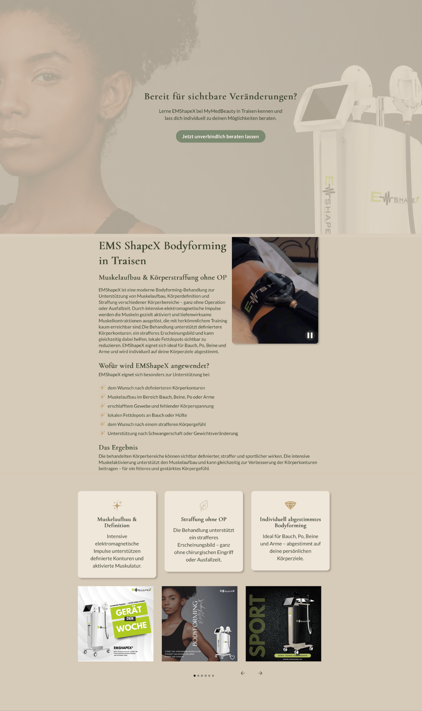 Behandlungsseite EMShapeX Bodyforming mit Gerätefoto und Erklärung zu Muskelaufbau ohne Operation