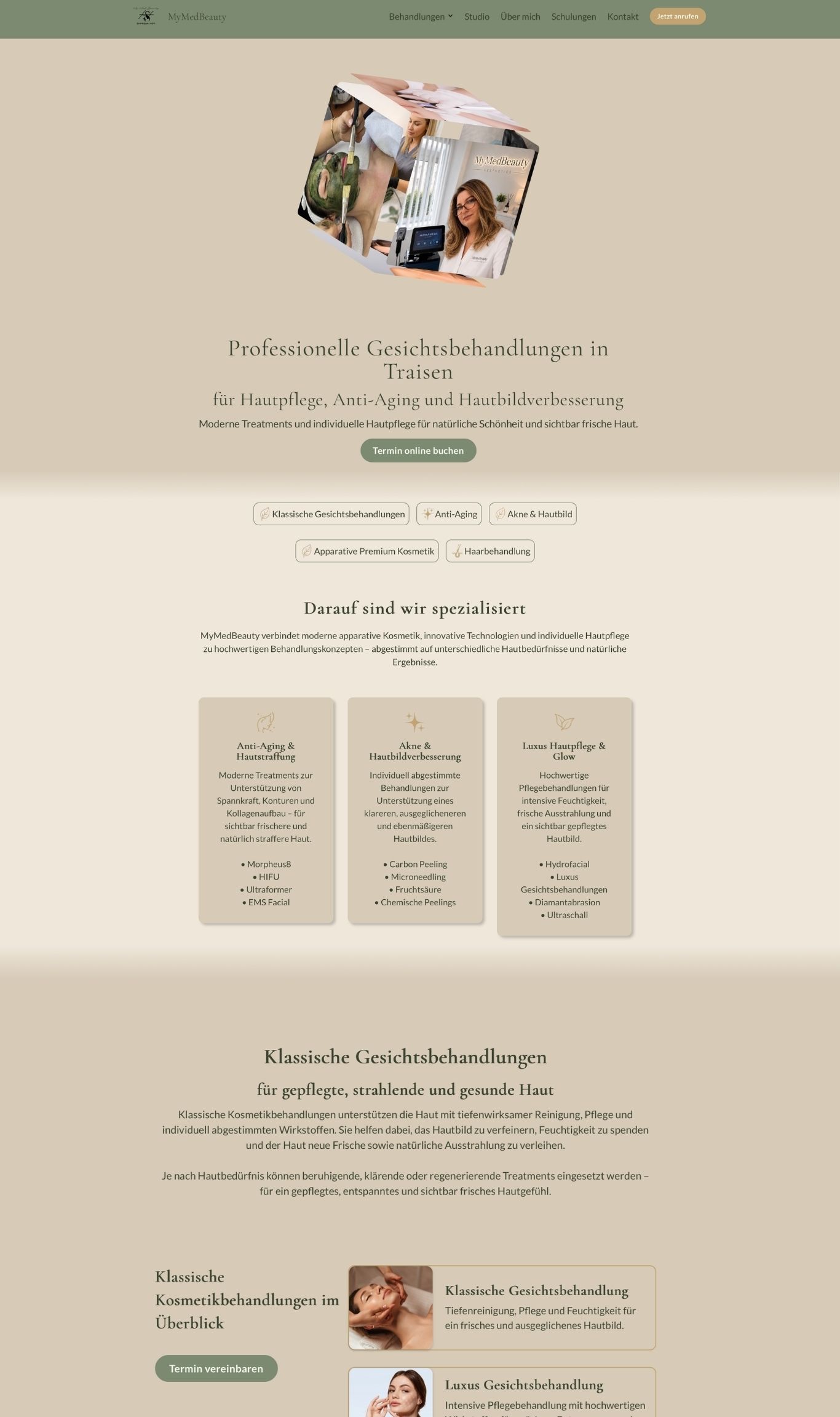 Unterseite Gesichtsbehandlungen von MyMedBeauty mit Spezialisierungen zu Anti-Aging, Akne und Hautpflege