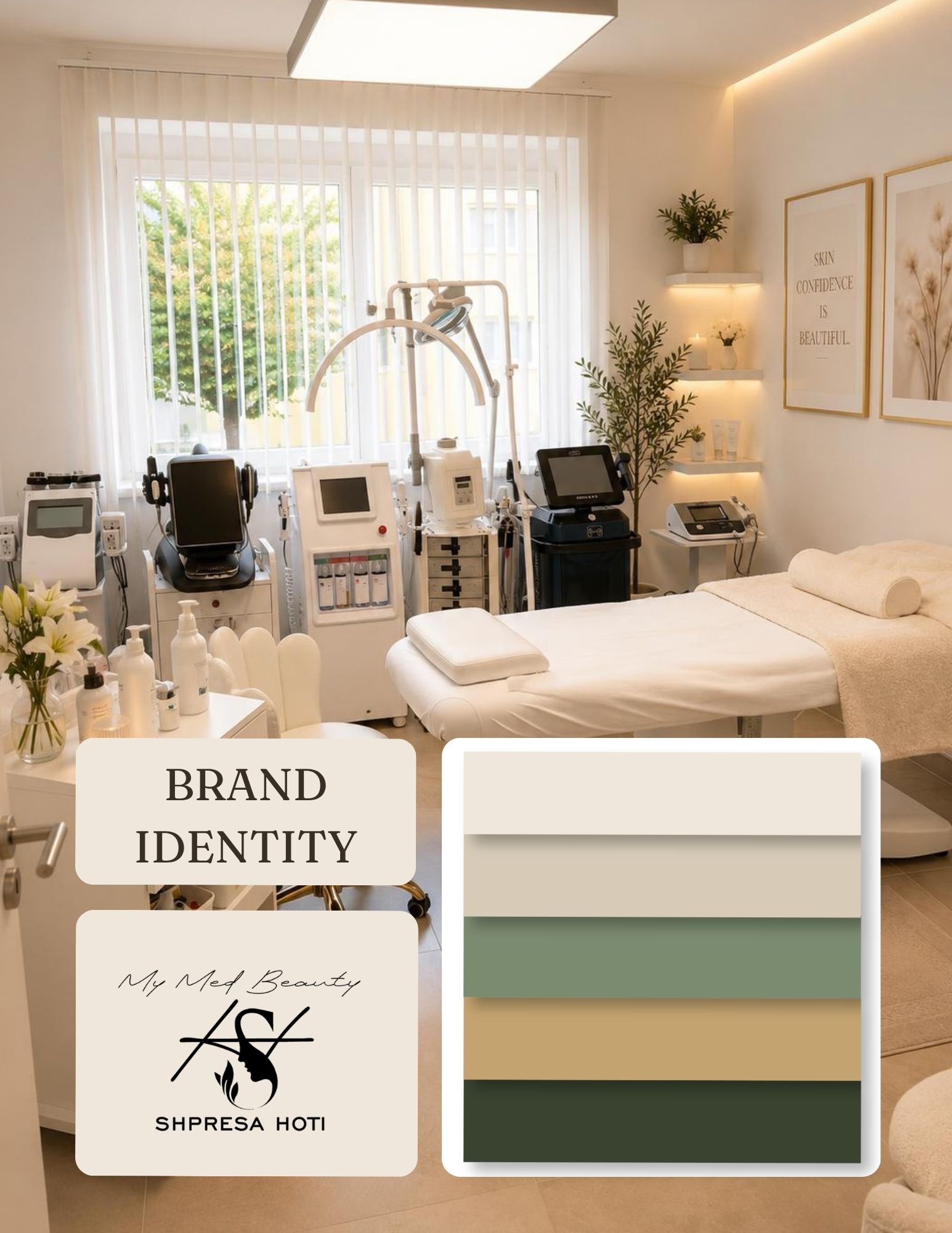 Behandlungsraum von MyMedBeauty mit Kosmetikgeräten, Logo und Farbpalette in Grün- und Beigetönen