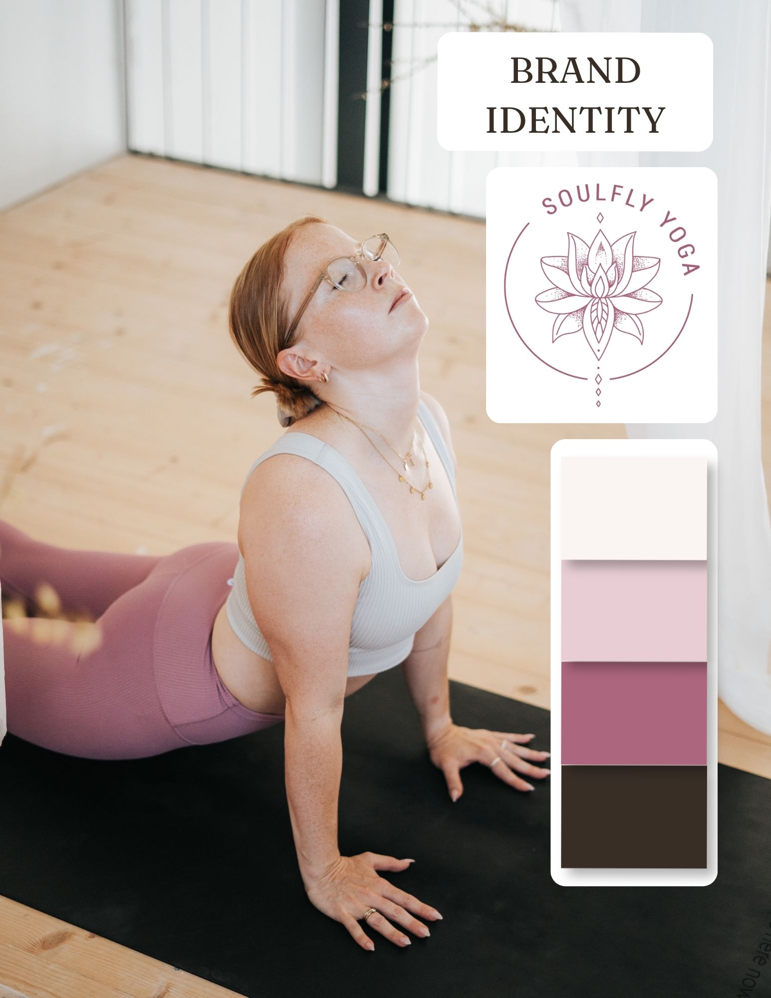 Elisabeth Schmidl in Aufwärtsblick-Yogahaltung, daneben Brand-Identity-Board mit Soulfly-Yoga-Logo und Farbpalette