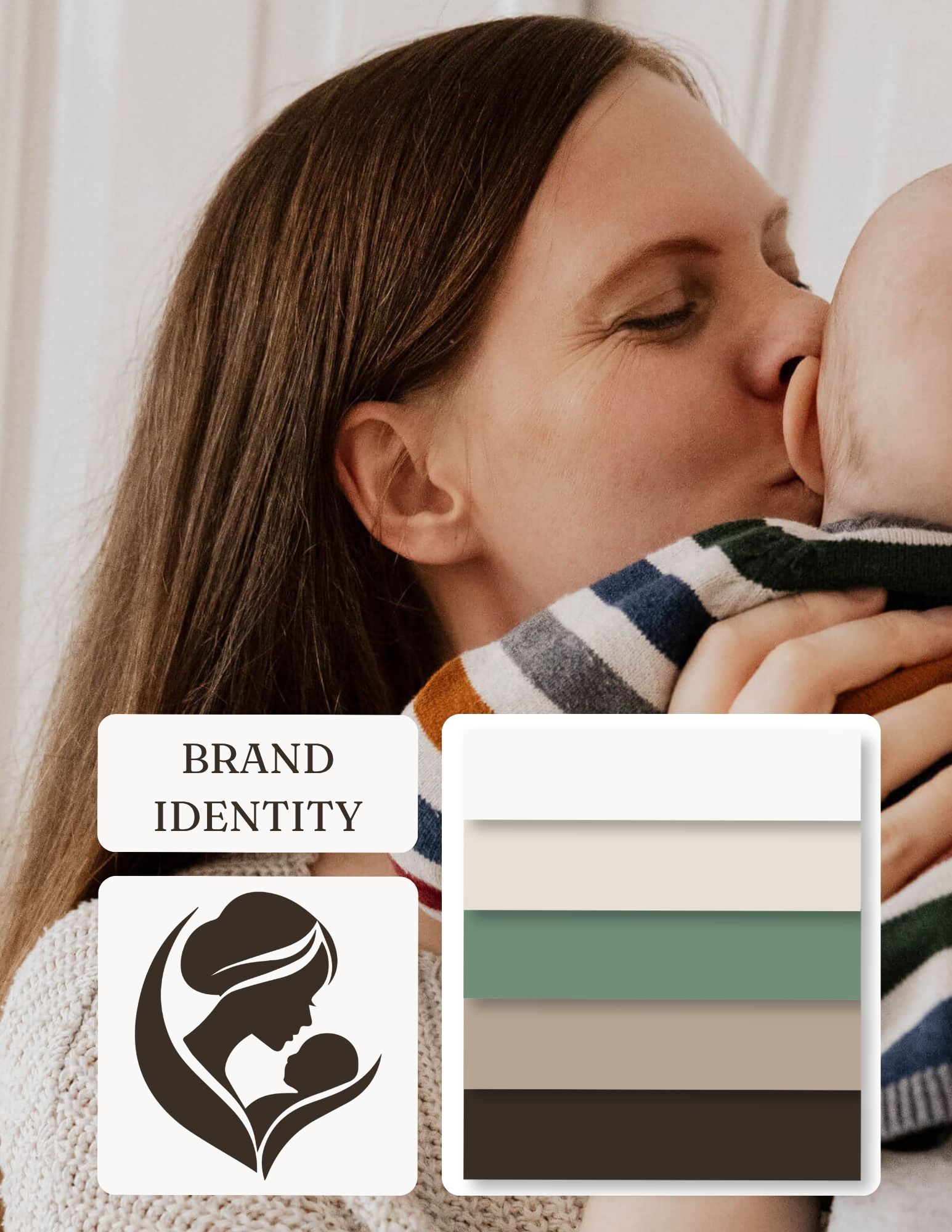 Mutter küsst liebevoll ihr Baby auf der Stirn, daneben Silhouetten-Logo und grün-beige Farbpalette der Brand Identity von Sensible Mutterschaft