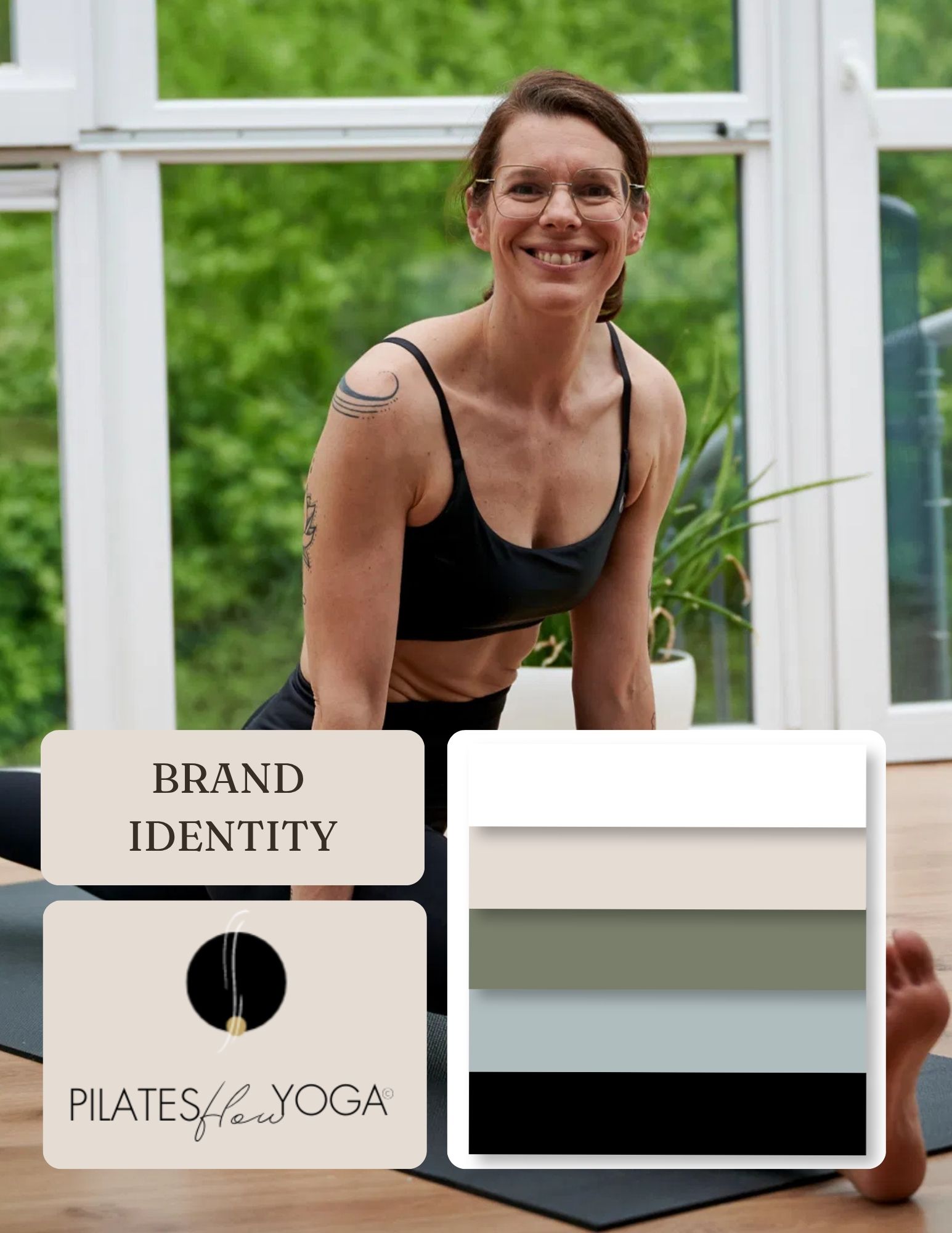 Melanie Berger in Yoga-Pose neben Logo und beige-grün-grauer Farbpalette der Brand Identity von Pilates flow Yoga