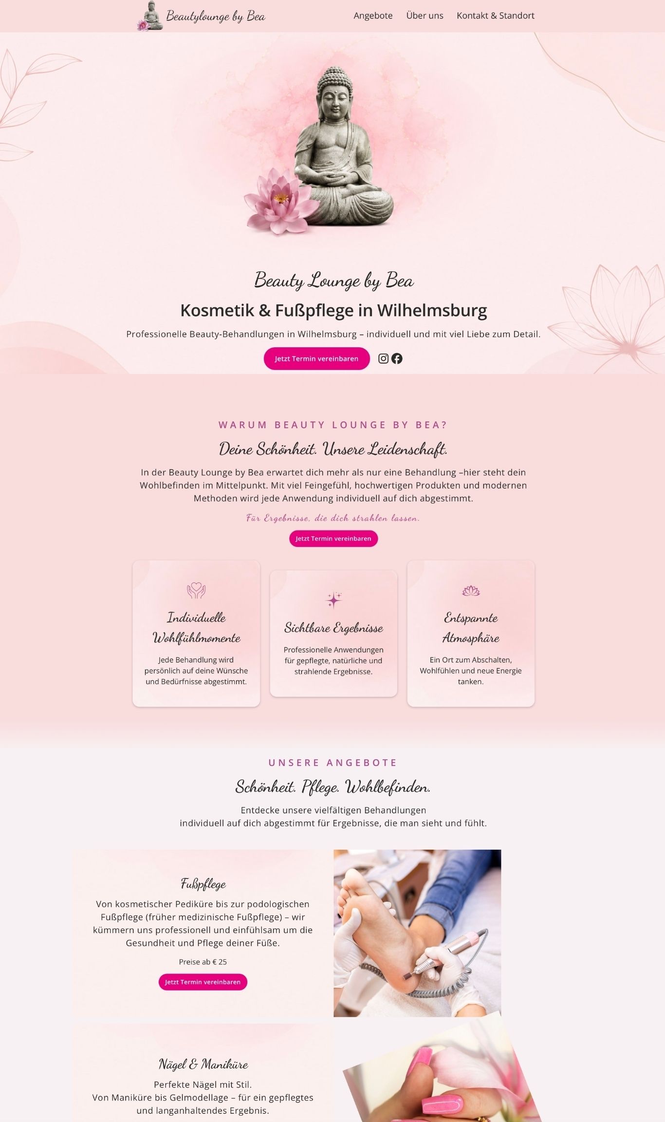 Startseiten-Ansicht der Beautylounge by Bea mit Hero-Bereich, Leistungsversprechen und Angebotsübersicht in Rosa-Tönen