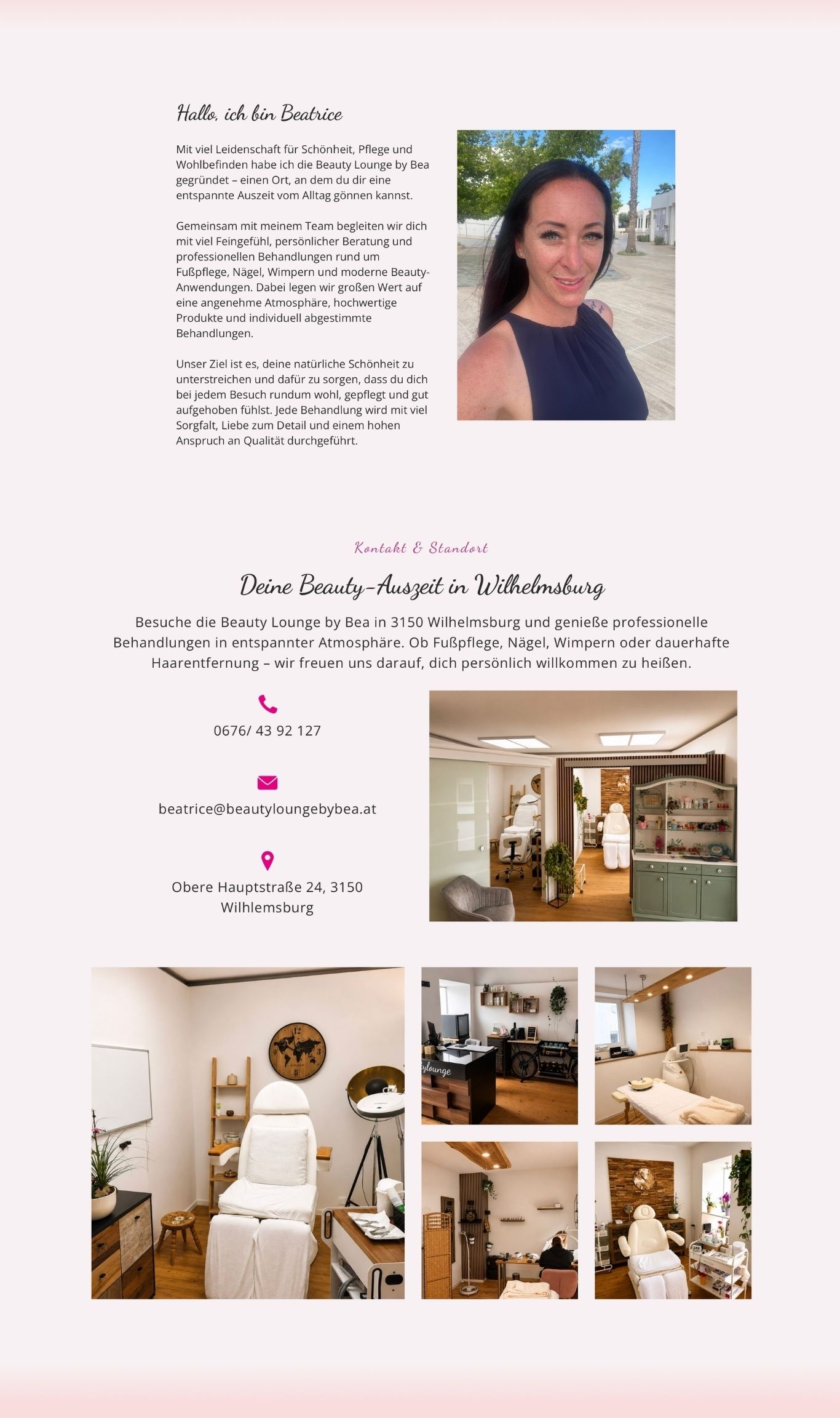 Seitenansicht der Beautylounge-Website mit Vorstellung von Beatrice sowie Kontaktbereich und Fotos der Praxisräume