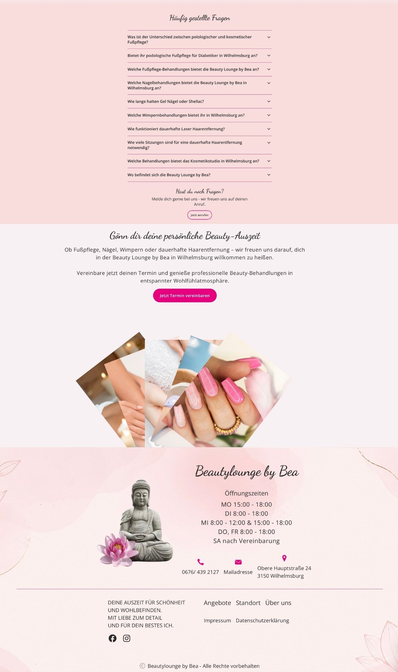 Seitenansicht der Beautylounge-Website mit FAQ-Bereich, Abschluss-CTA und Footer mit Öffnungszeiten