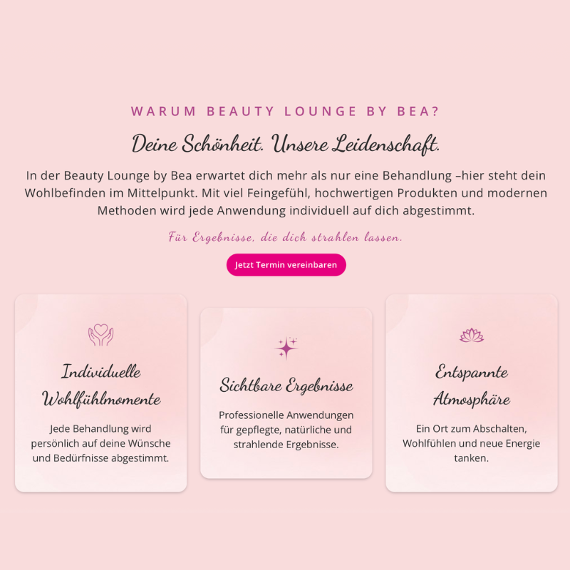 Drei Icons für individuelle Wohlfühlmomente, sichtbare Ergebnisse und entspannte Atmosphäre bei der Beautylounge by Bea