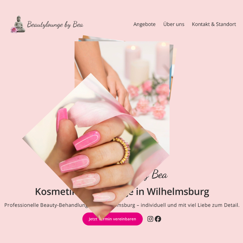 Rosafarbene Fotocollage mit gepflegten Fingernägeln und Kerzen fügt sich zum Hero-Bild der Beautylounge zusammen