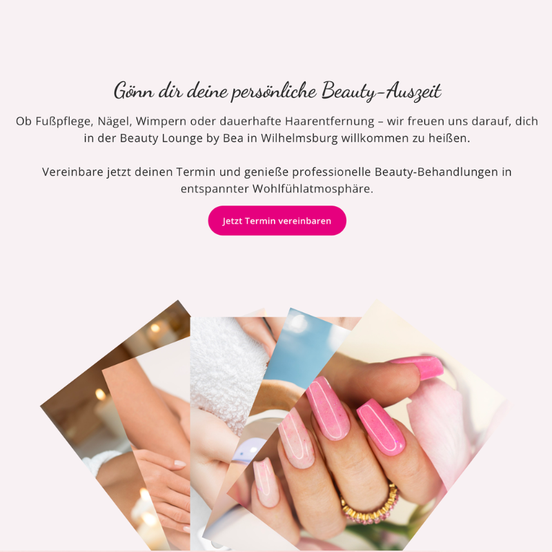 Fotocollage mit gepflegten Händen, rosa Nagellack und Wellness-Details der Beautylounge by Bea
