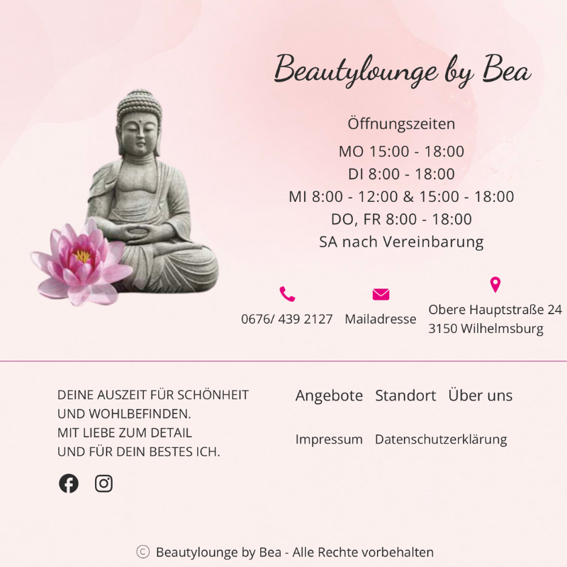 Steinerne Buddha-Figur mit Lotusblüte neben Öffnungszeiten und Kontaktdaten der Beautylounge by Bea