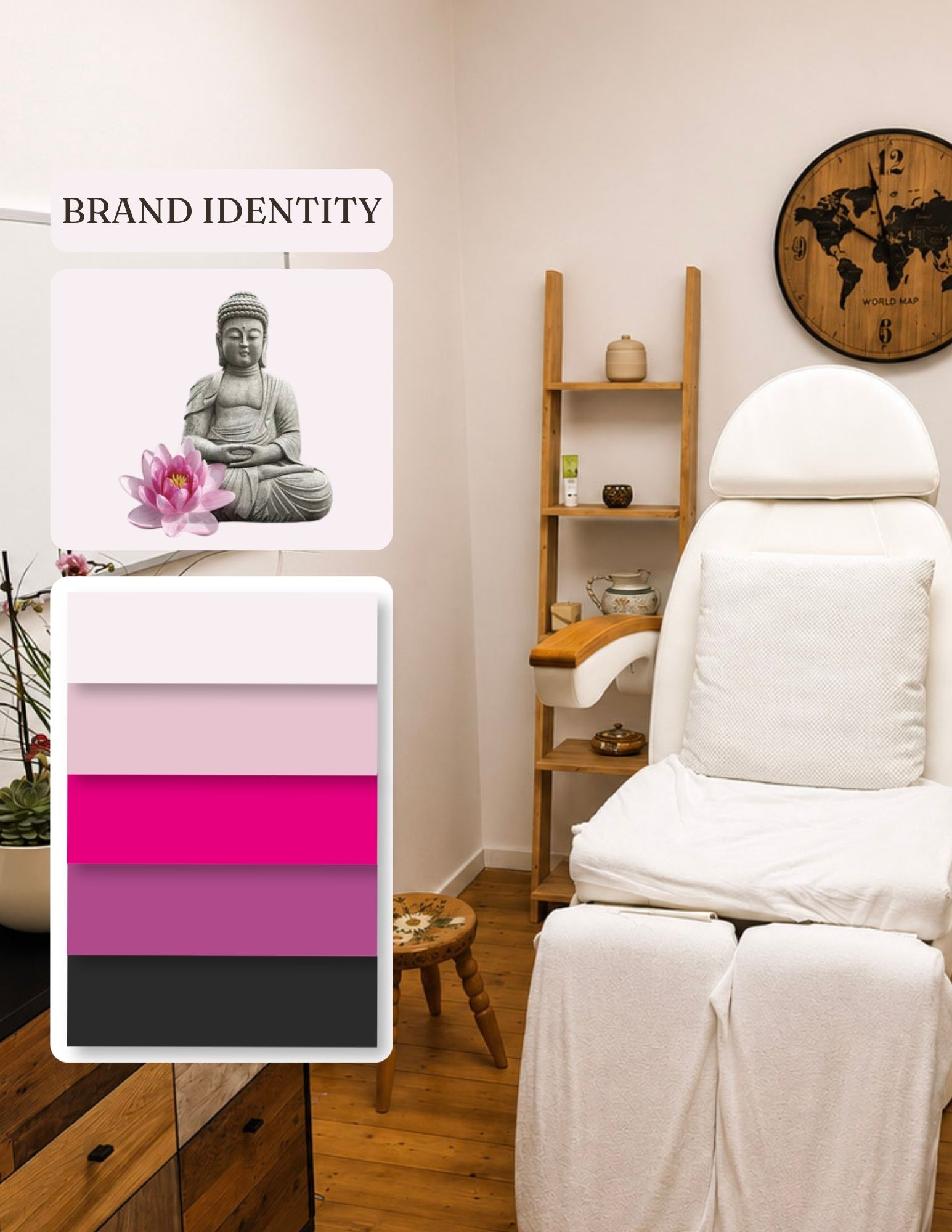 Brand-Identity-Board mit Buddha-Lotus-Logo und rosa-pinker Farbpalette vor einem Behandlungsraum der Beautylounge by Bea