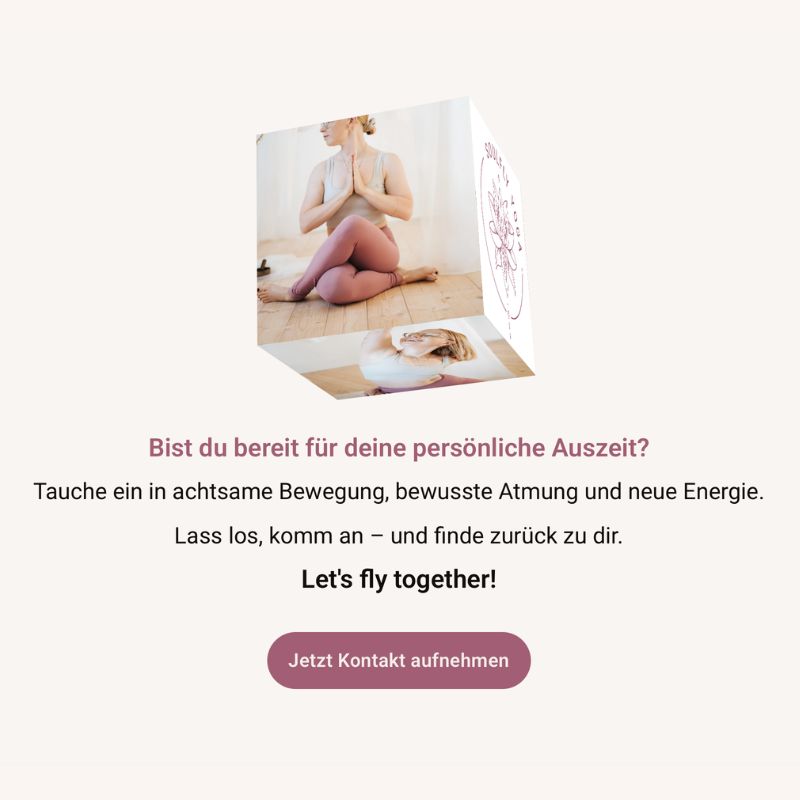 Deko-Würfel mit Meditationshaltung und Soulfly-Yoga-Logo, Aufruf zur persönlichen Auszeit auf der Matte