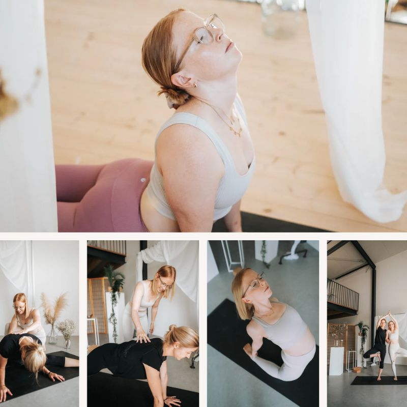 Bildcollage von Partner-Yoga-Übungen: assistierte Dehnungen und Balancehaltungen im Soulfly-Yoga-Studio